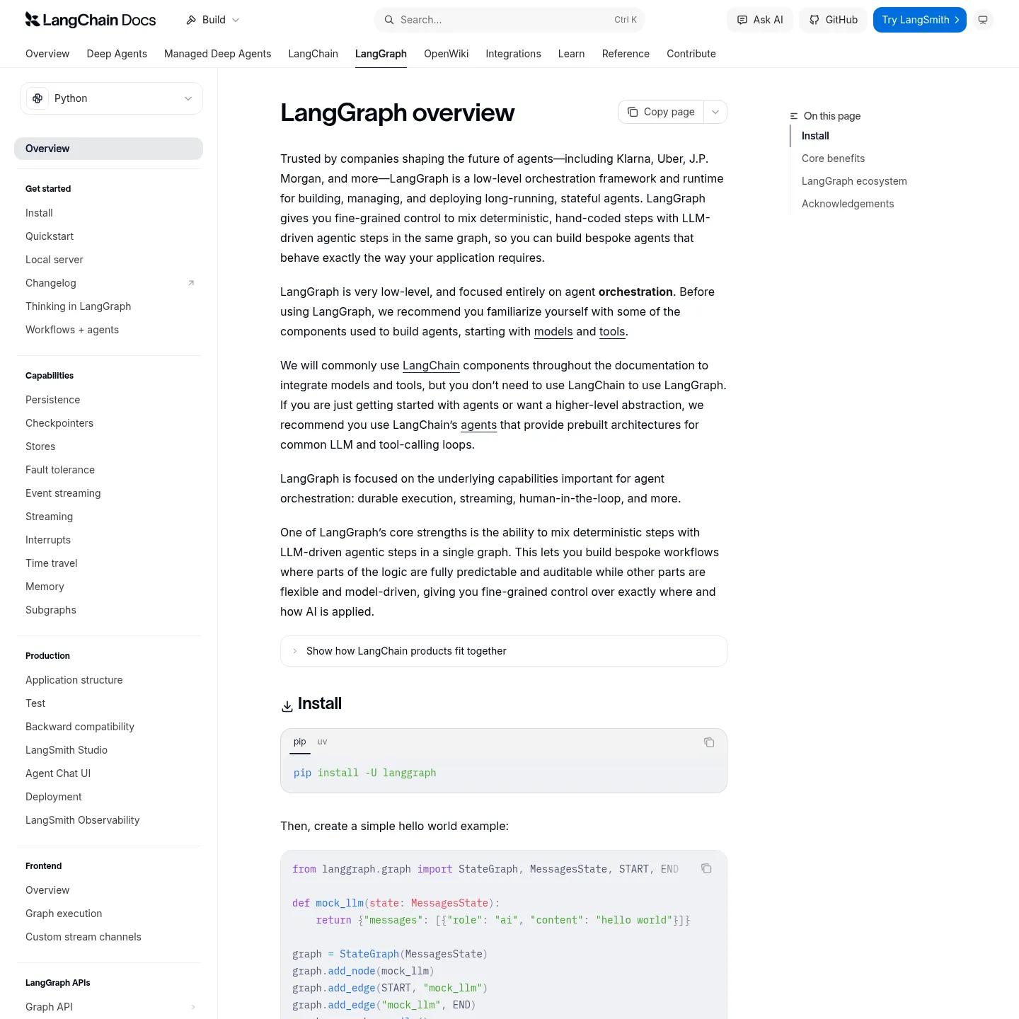 LangGraph documentation describing its stateful agent workflow runtime