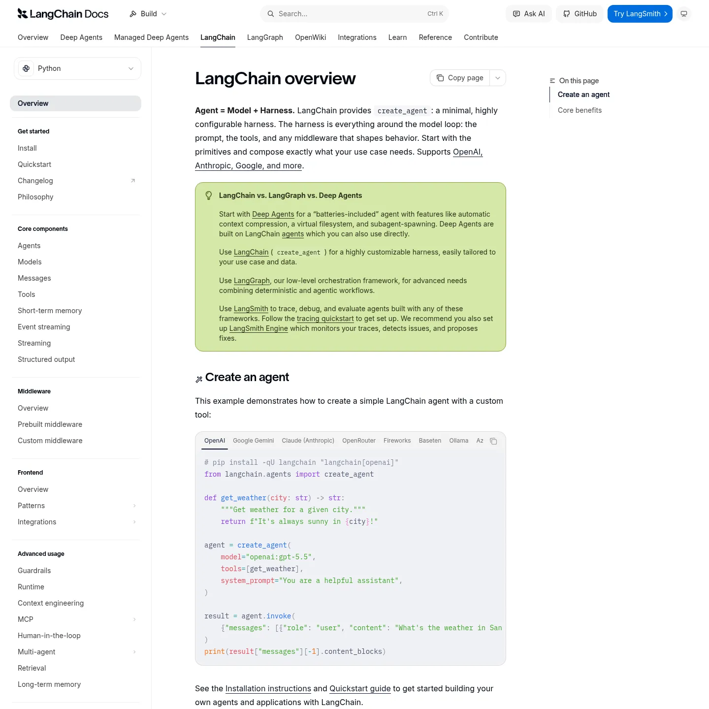 LangChain documentation showing its agent creation interface