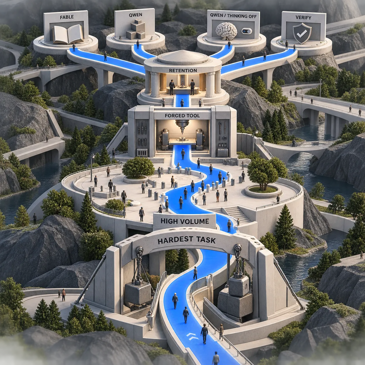 Ruta de decisión arquitectónica que dirige las tareas más difíciles a Fable, el trabajo de gran volumen a Qwen, las herramientas forzadas a Qwen sin razonamiento y el trabajo sensible a la retención hacia una verificación