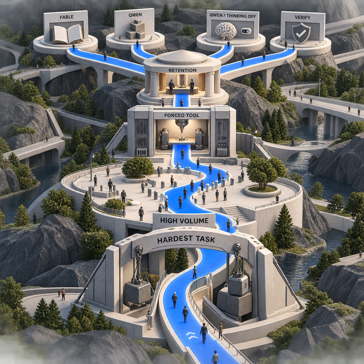 Architectural decision path routing hardest tasks to Fable, high-volume work to Qwen, forced tools to Qwen with thinking off, and retention-sensitive work to verification