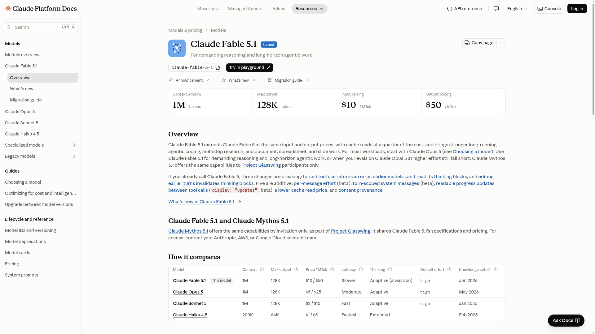 Anthropic model overview for Claude Fable 5.1 showing pricing, context window, output limit, and platform availability