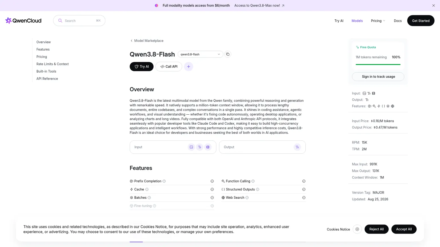 QwenCloud Seite mit Modellübersicht, Preisen, Features und Rate-Limits für Qwen3.8-Flash