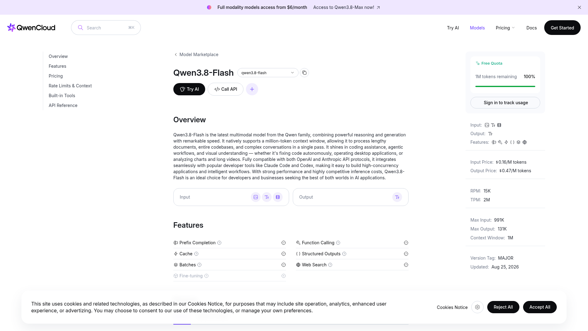 QwenCloud Qwen3.8-Flash model, pricing, features, and rate limits page