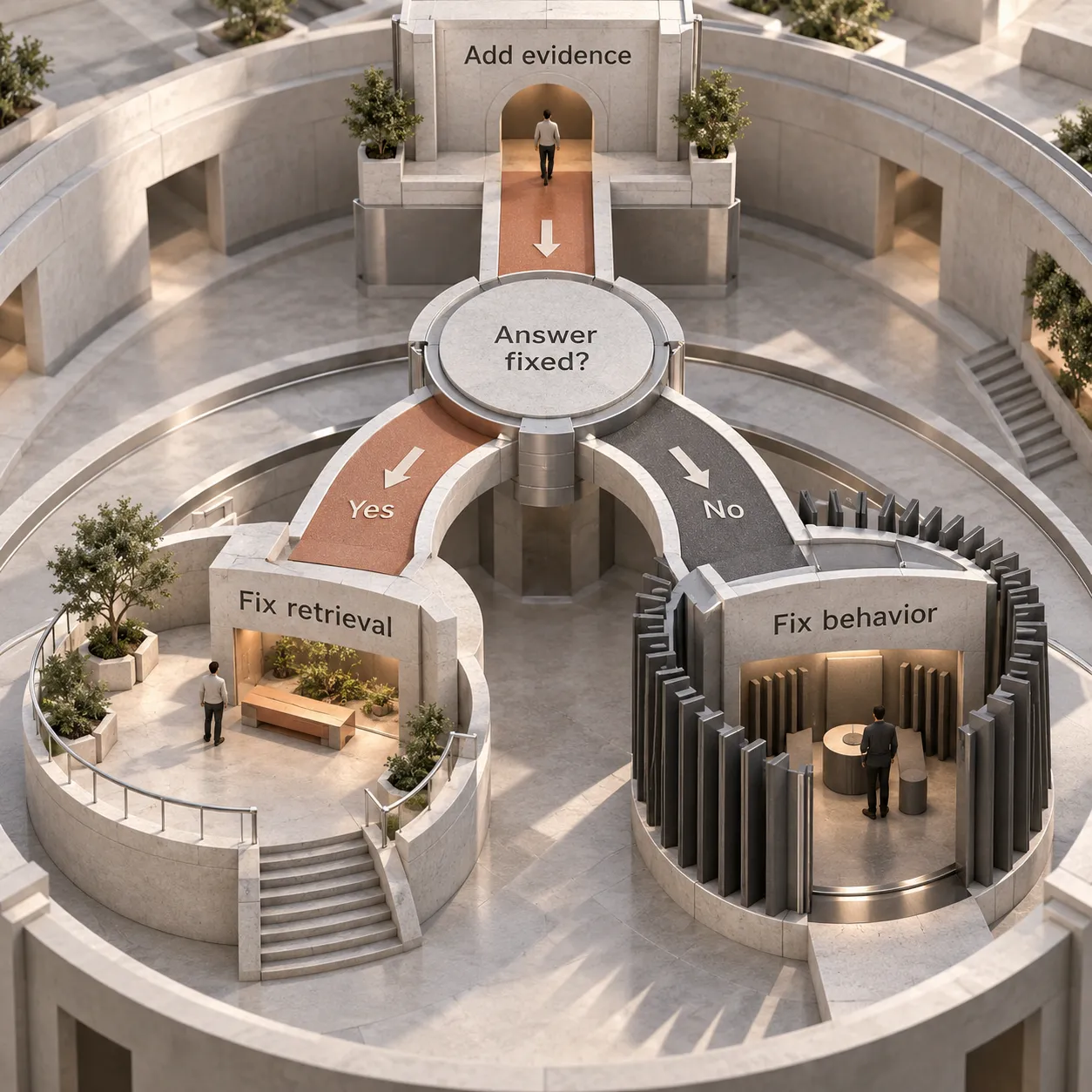 Architectural decision path: add the correct evidence, then check whether the answer is fixed