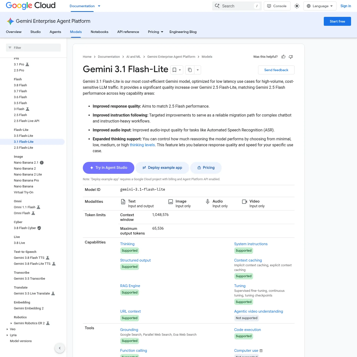 Google documentation for Gemini 3.1 Flash-Lite and its supported capabilities