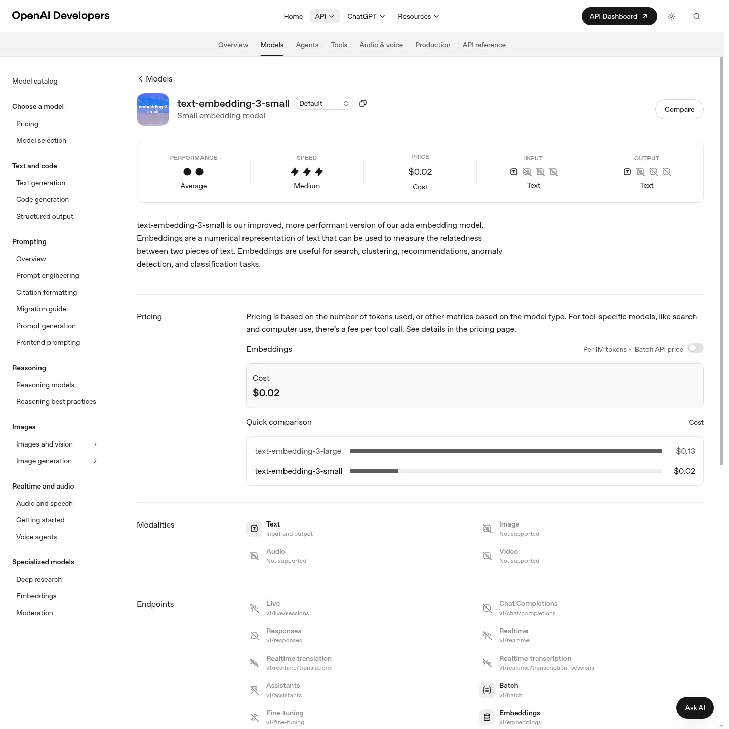 OpenAI documentation for the text-embedding-3-small embedding model
