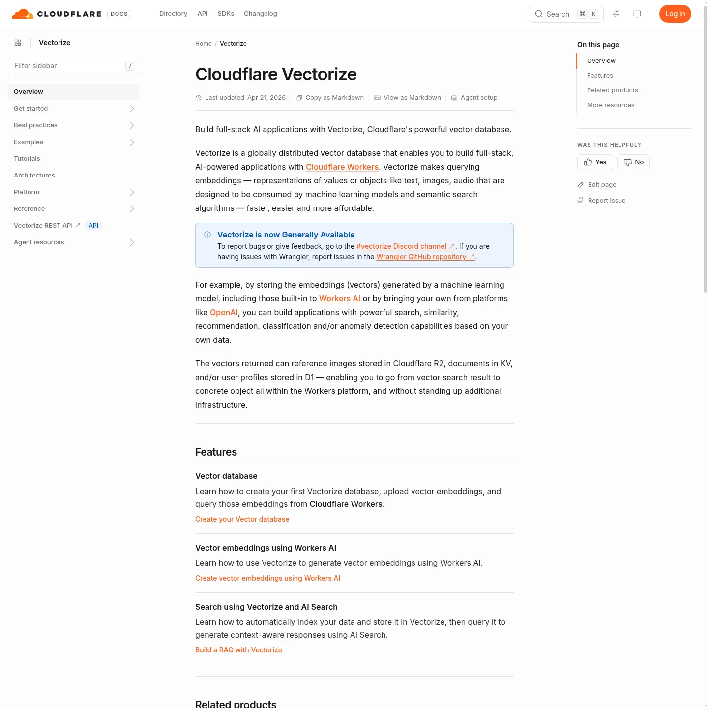 Cloudflare Vectorize documentation for its vector database