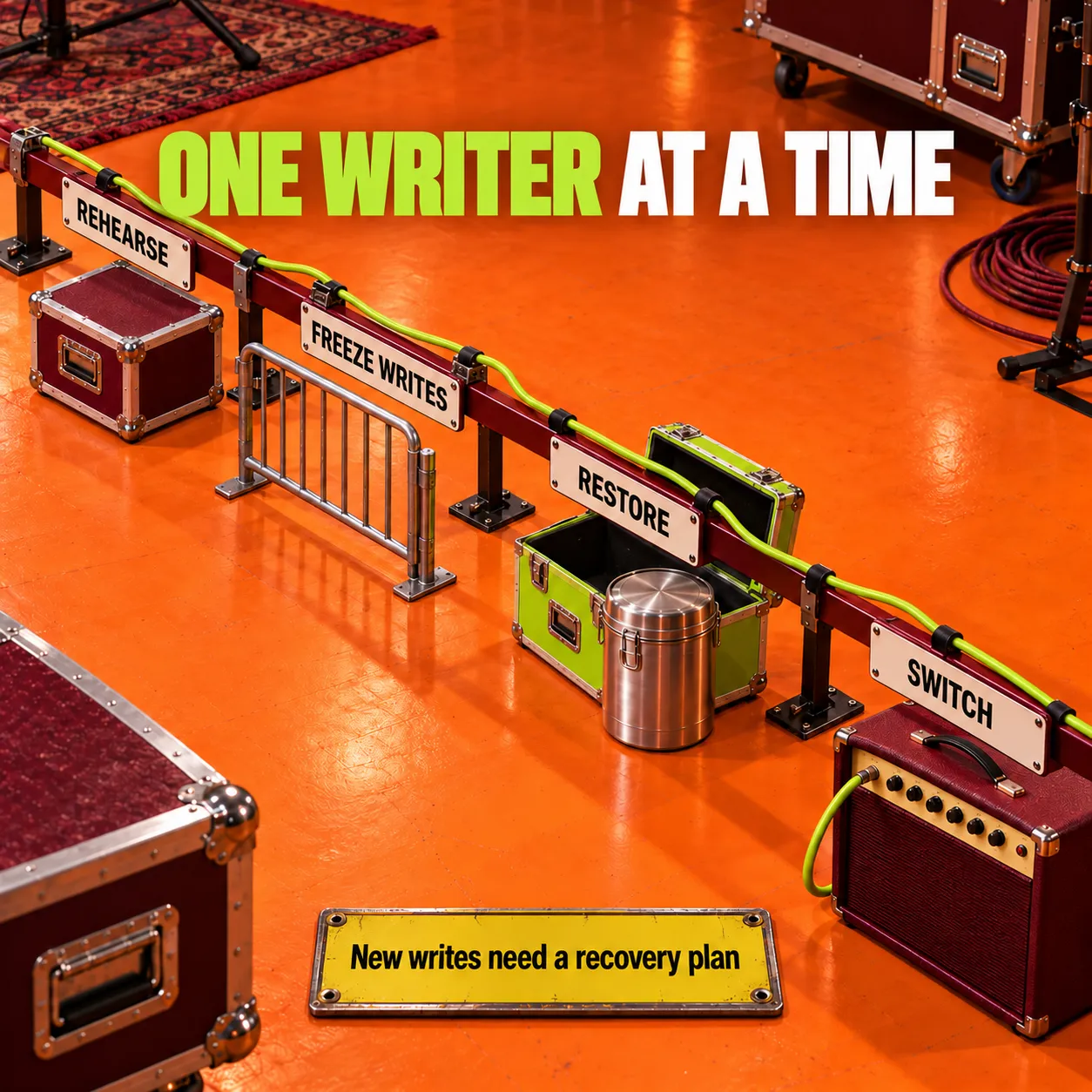 A staged timeline moves from rehearsal to freezing writes, restoring data and switching traffic, with only one authoritative writer