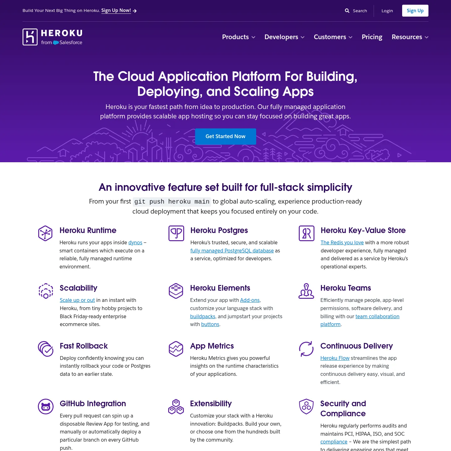 Heroku application platform product page