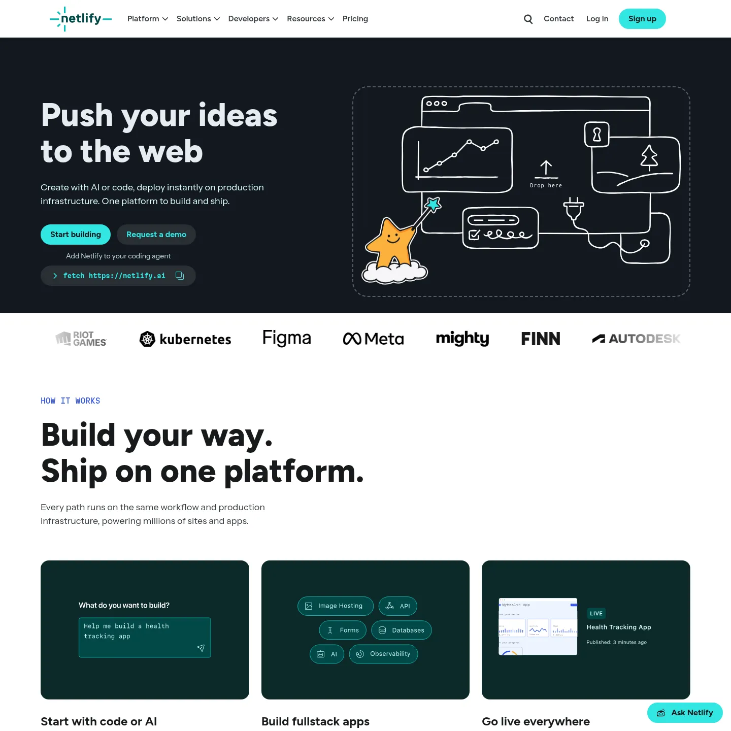 Netlify frontend and serverless application platform product page