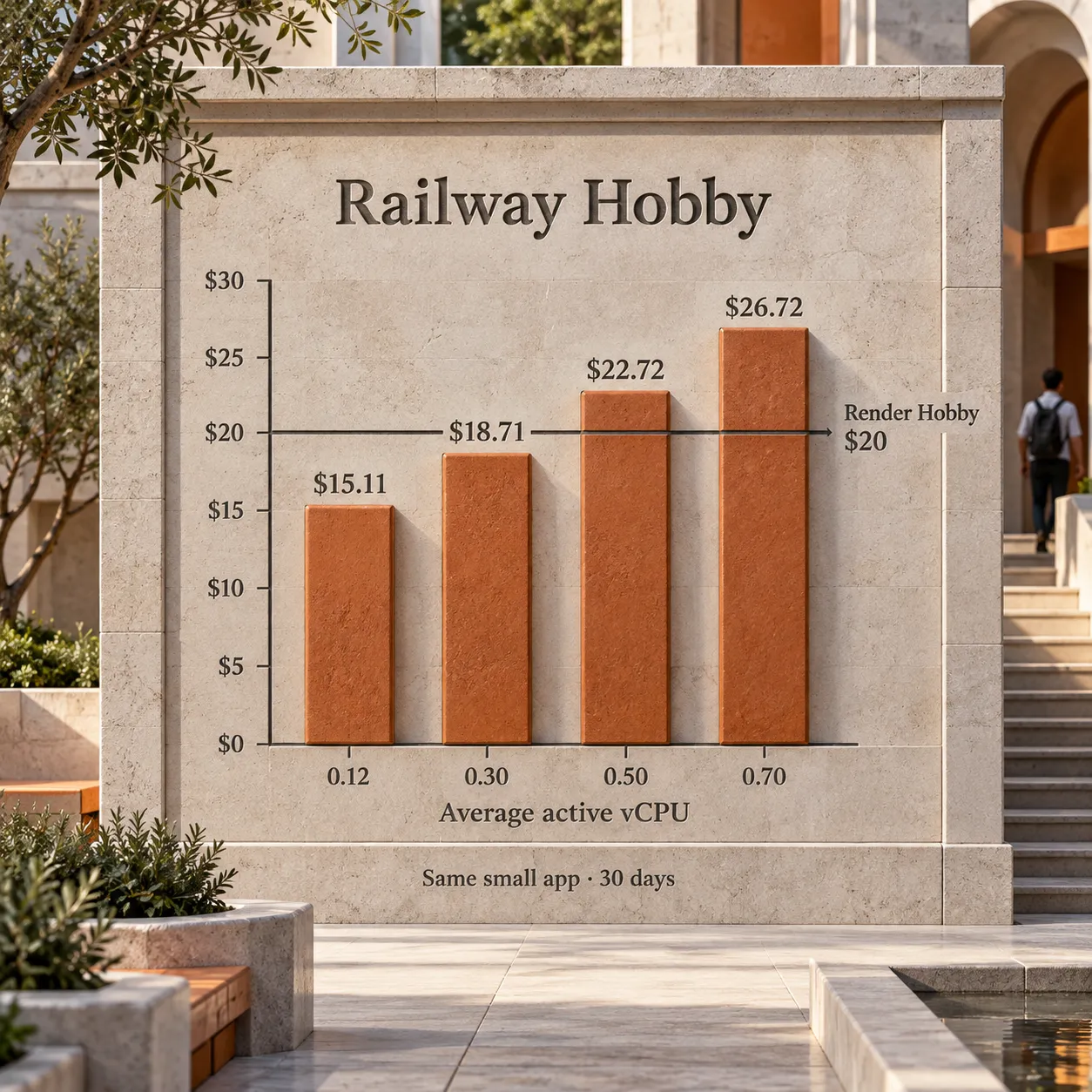 평균 CPU 사용량 증가에 따라 Railway Hobby 예상 비용이 15.11, 18.71, 22.72, 26.72달러로 늘어나 Render의 20달러 선을 넘어서는 그래프