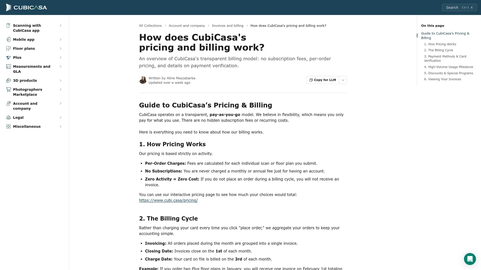 Guía de precios y facturación de CubiCasa