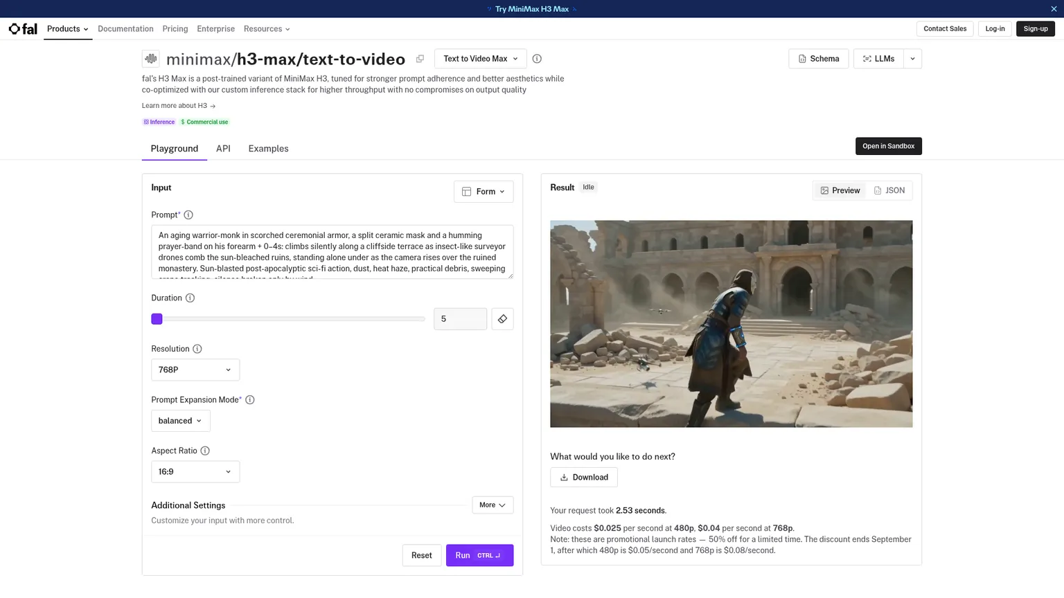 fal MiniMax H3 Max Text-to-Video Endpoint mit Preisen und Latenzen