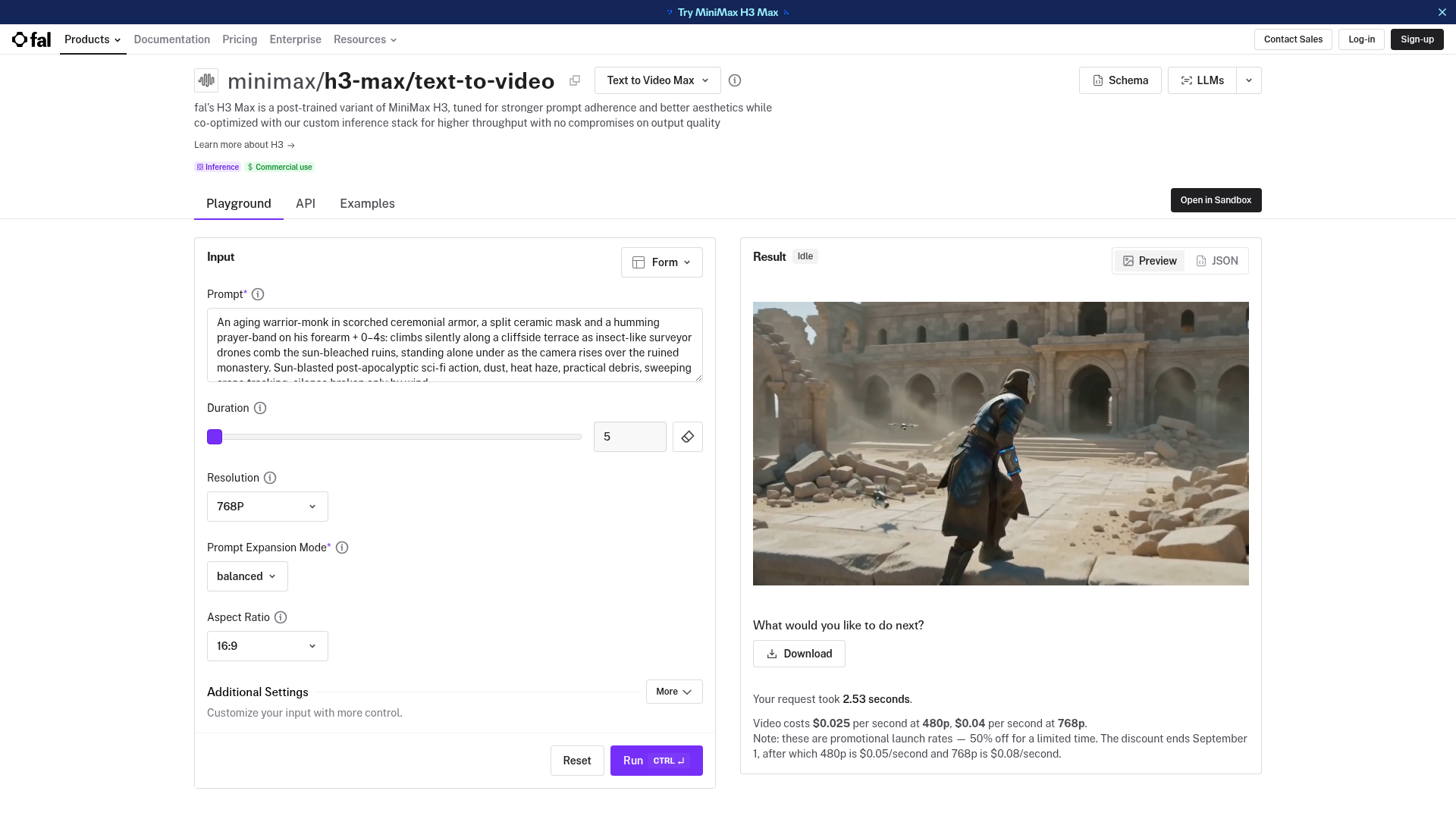 fal MiniMax H3 Max text-to-video endpoint with pricing and timing