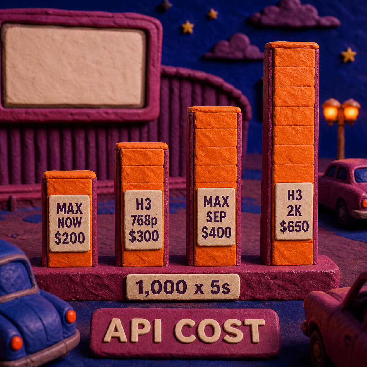 Clay column chart comparing the cost of one thousand five-second H3 Max and MiniMax H3 clips