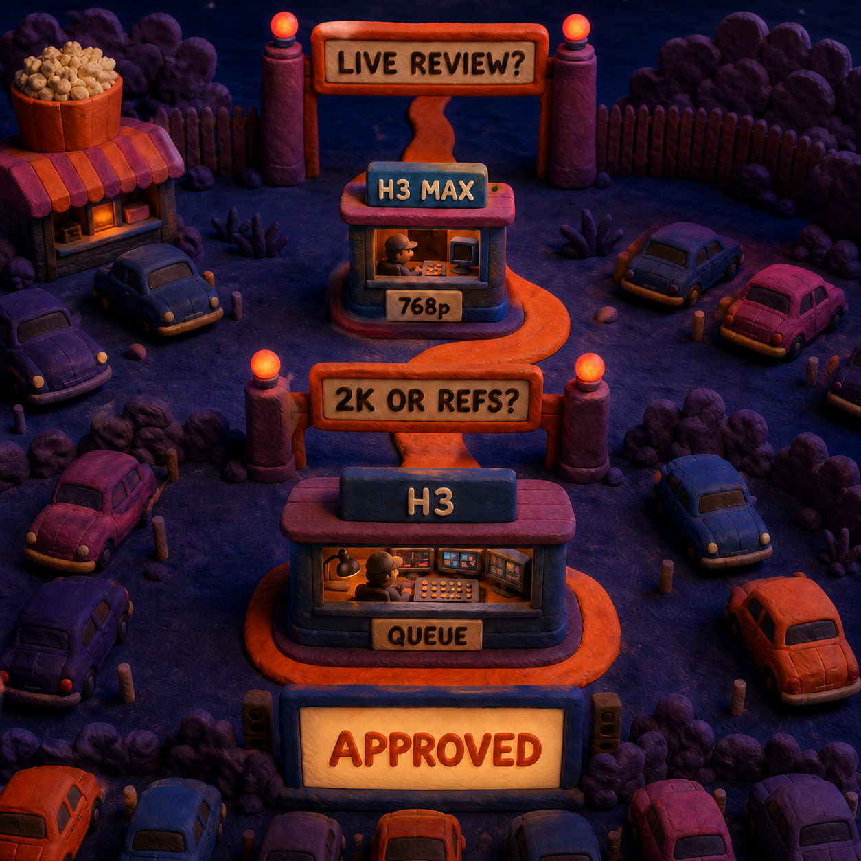 Clay decision path routing live 768p review to H3 Max and 2K reference work to the H3 queue