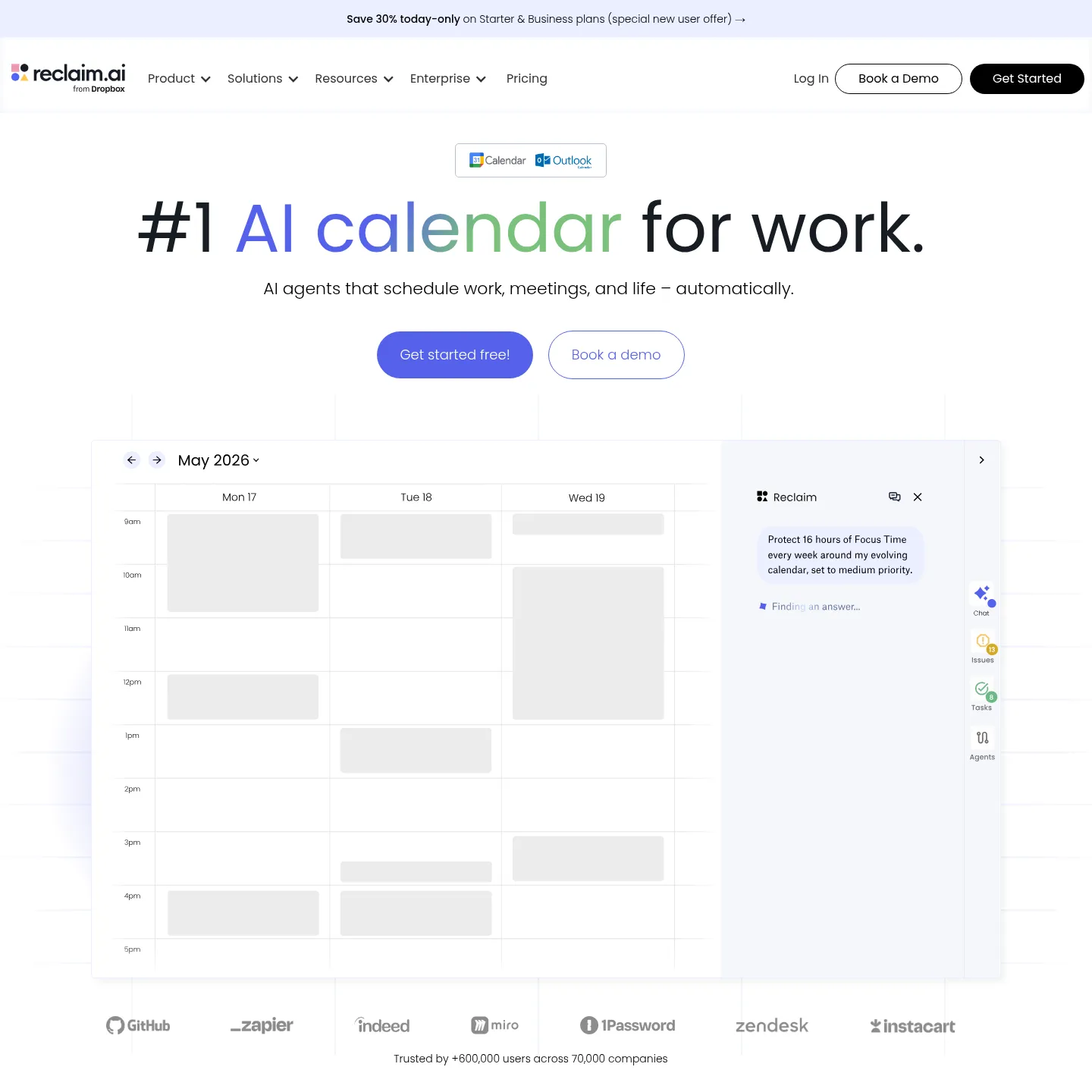 Página de inicio pública de Reclaim con sus agentes de planificación del calendario