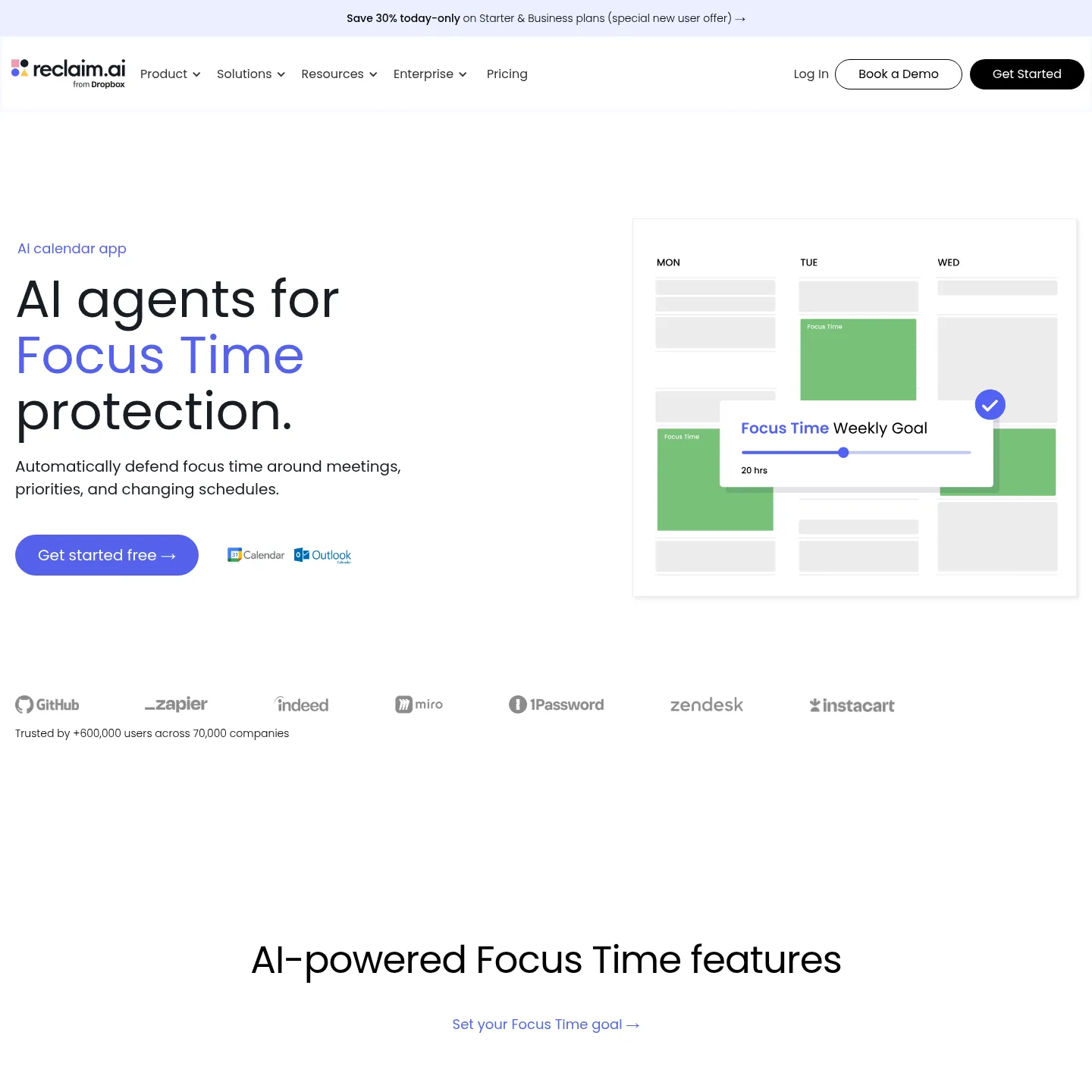 Página de Focus Time de Reclaim con la protección del tiempo de concentración y sus controles de planificación