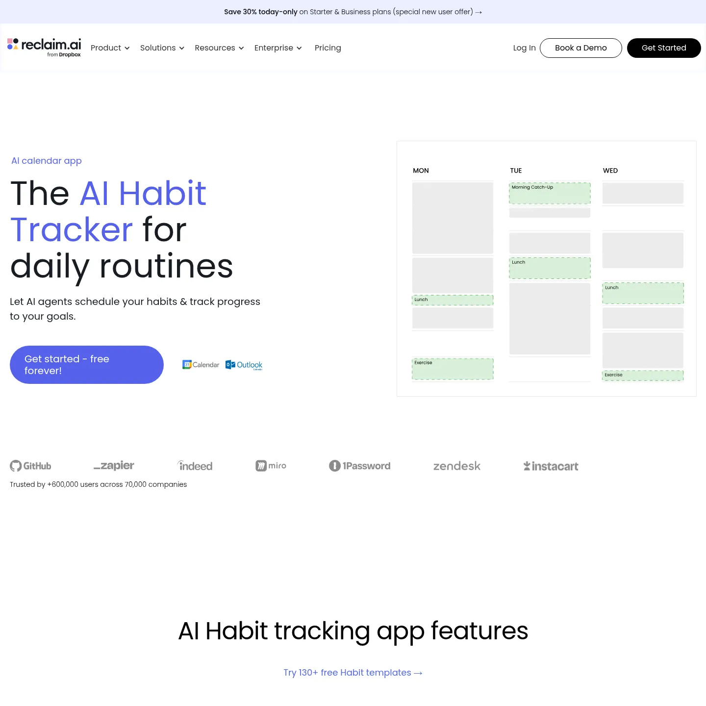 Página de Habits de Reclaim sobre rutinas recurrentes con horarios flexibles