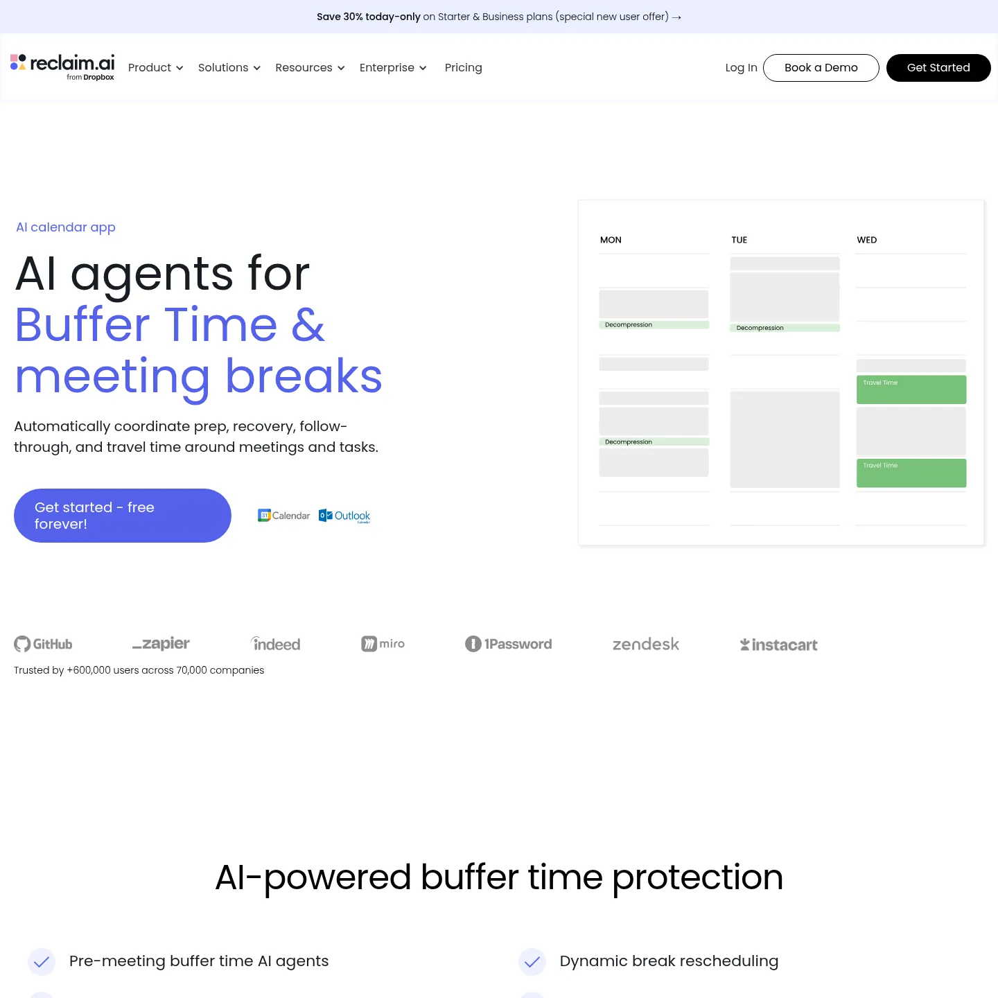 Página de Buffer Time de Reclaim sobre descansos y tiempo de desplazamiento