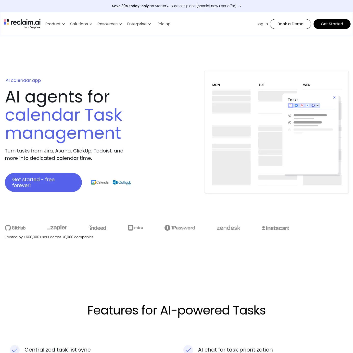 Página pública de Tasks de Reclaim, cuyas afirmaciones generales sobre planificación requieren la aclaración de la ayuda actual de la versión 2.0