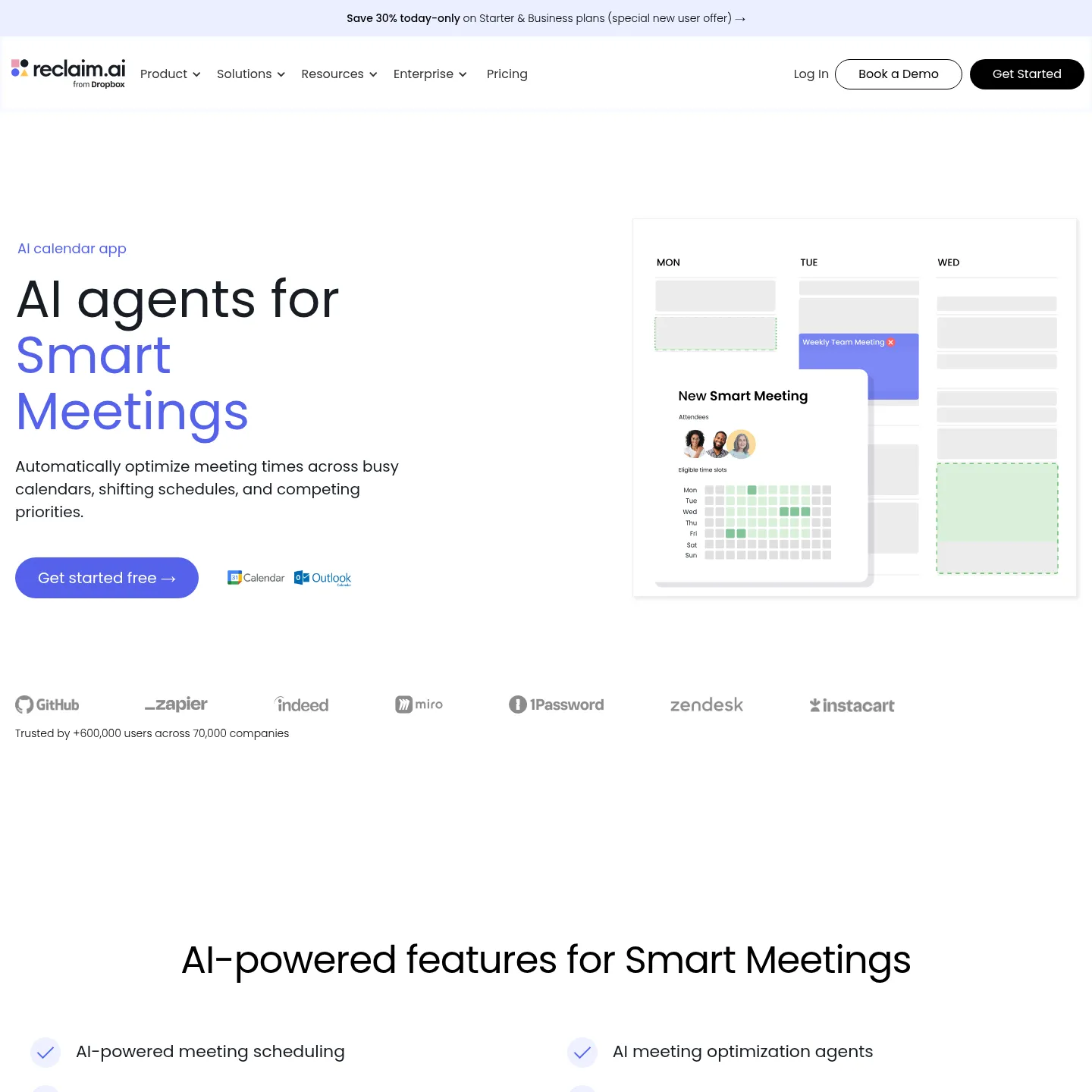 Página de Smart Meetings de Reclaim sobre la planificación de reuniones recurrentes