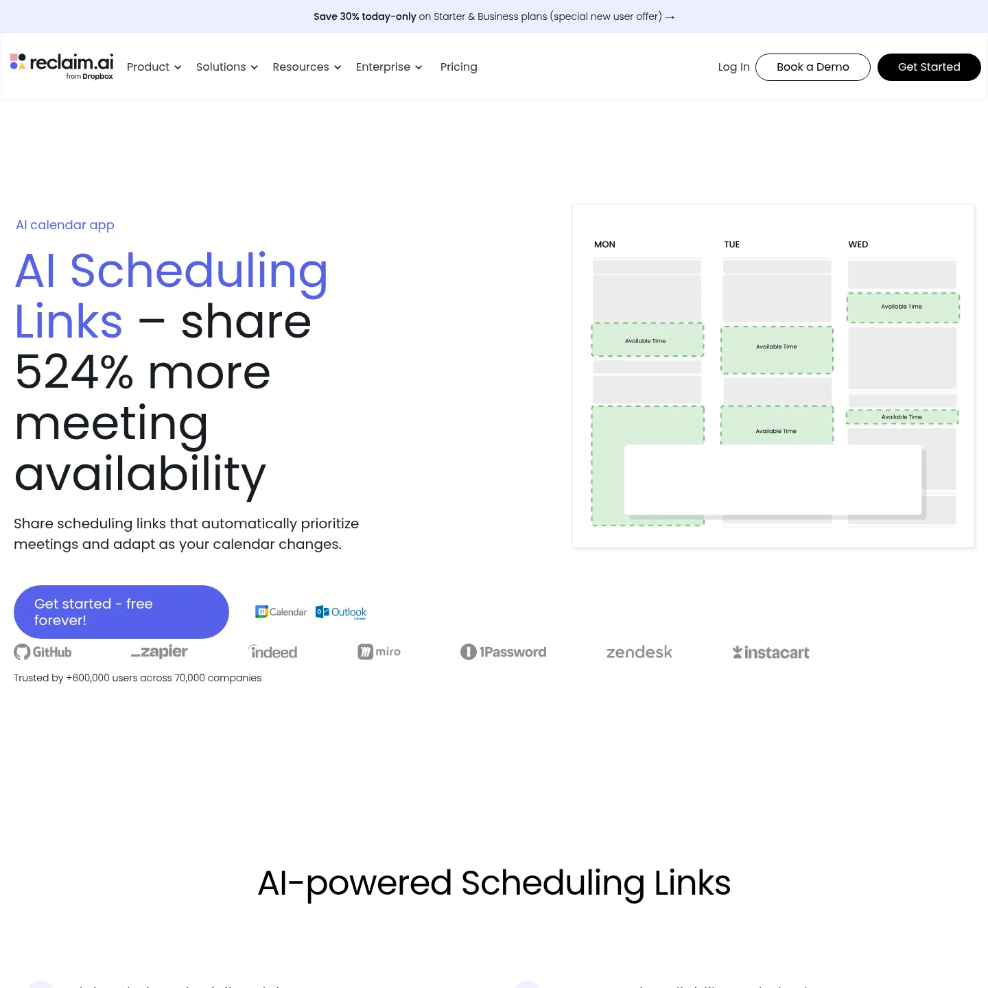 Página de Scheduling Links de Reclaim con disponibilidad inteligente y opciones de reserva