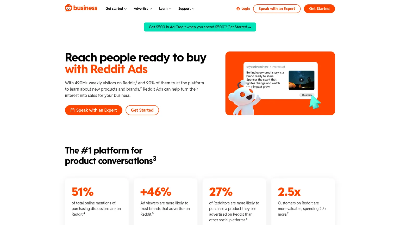 Página inicial do Reddit Ads para empresas e do gerenciador de campanhas