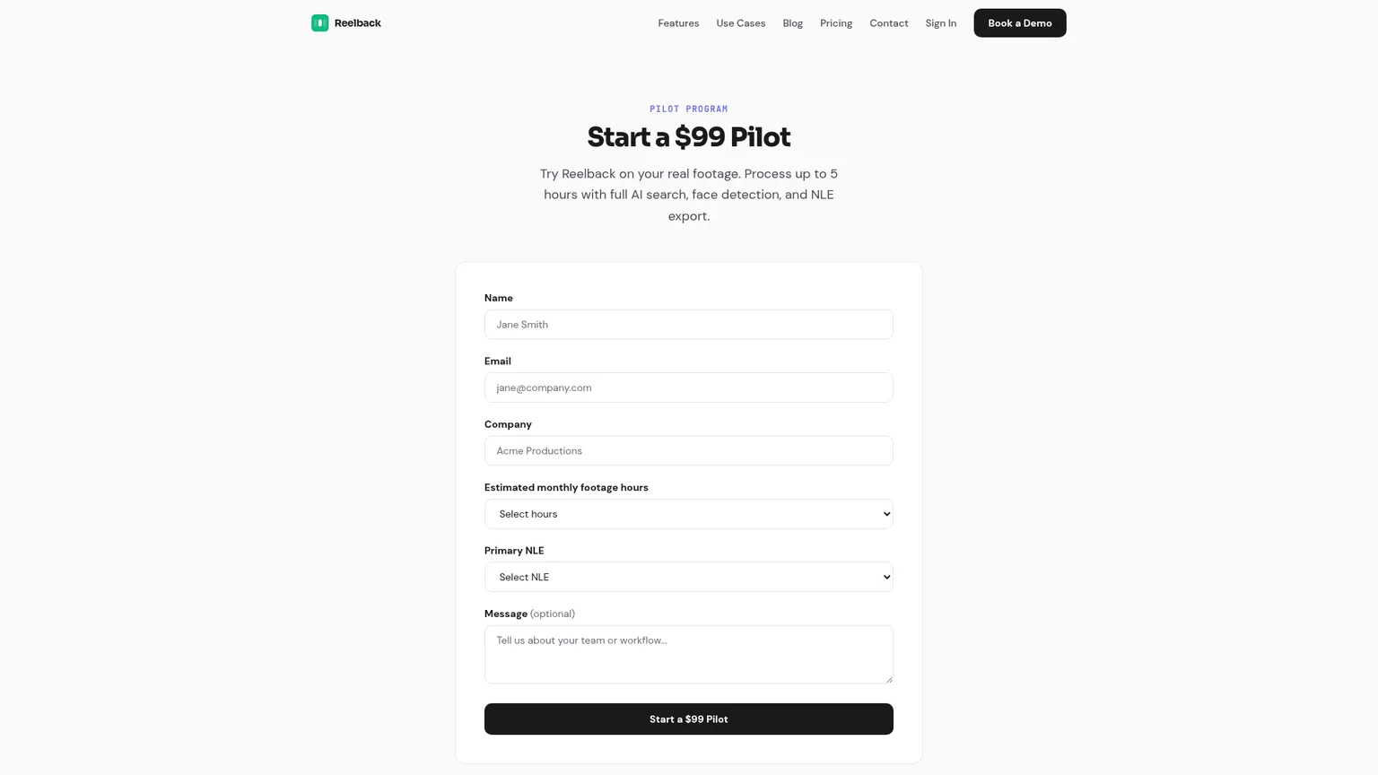 Reelback-Pilotseite mit dem Preis von $99, fünf Stunden Kontingent, Suche, Gesichtserkennung, Transkription und NLE-Export