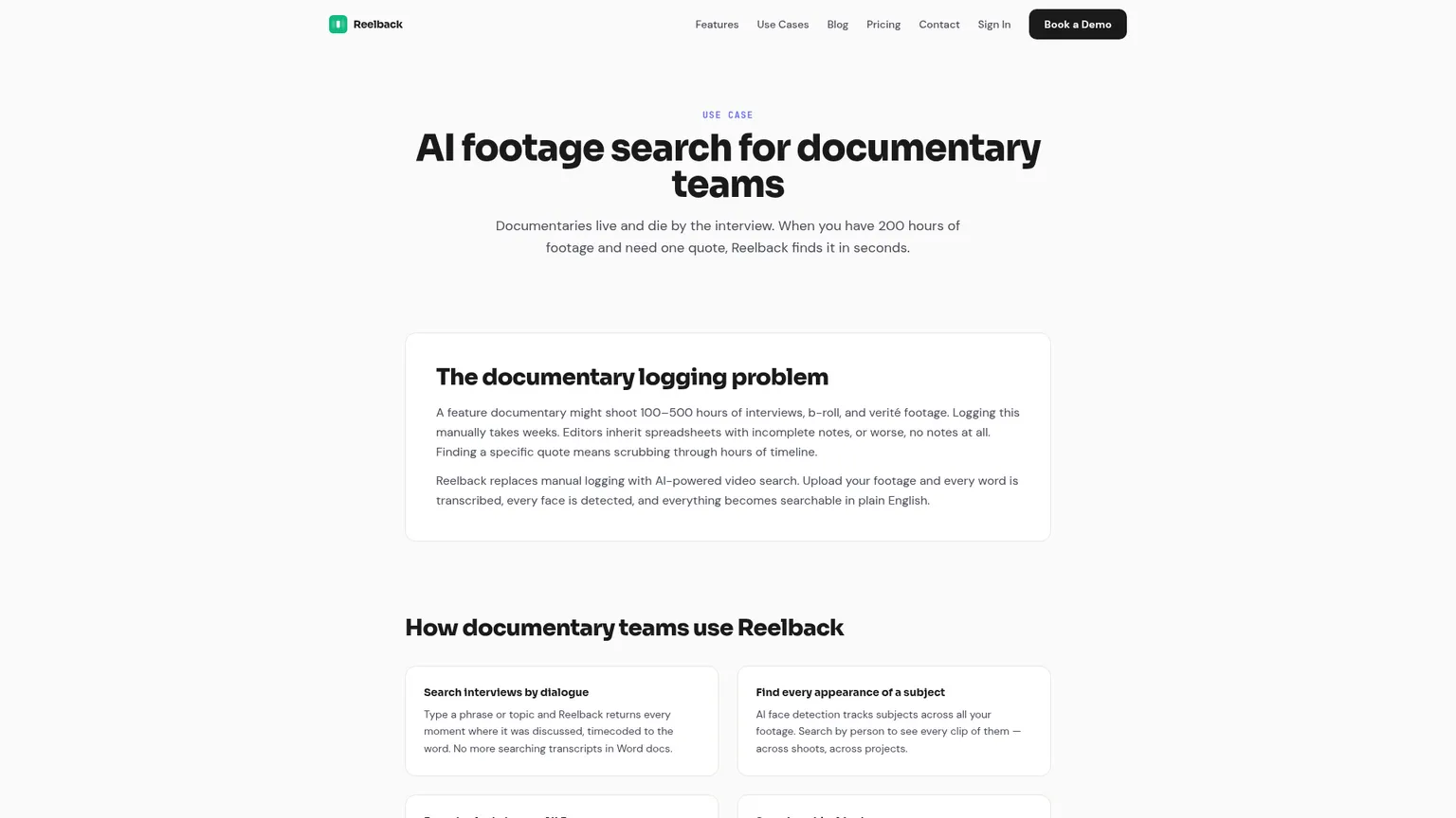 Reelback-Seite für Dokumentarproduktionen über Dialoge, Auftritte von Personen, Archivsuche und NLE-Select-Workflows