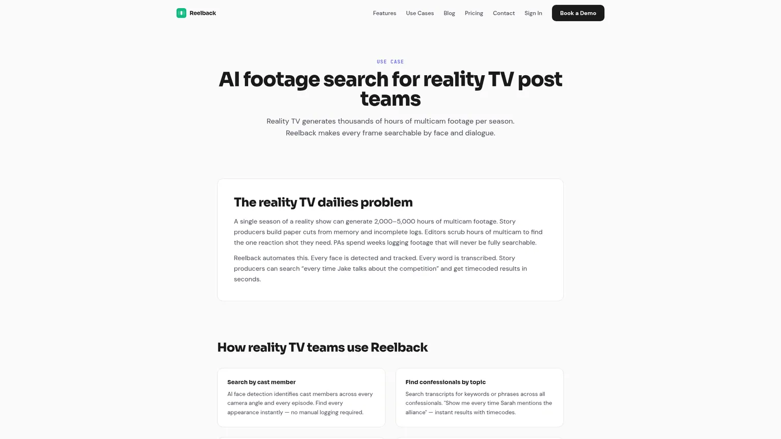 Reelback-Seite für Reality-TV über Gesichts- und Dialogsuche sowie String-out-Export als EDL oder FCPXML