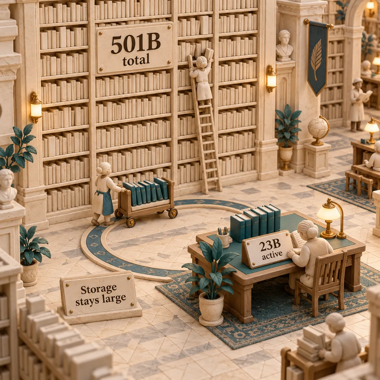 Dans une bibliothèque en pâte à modeler, des rayonnages marqués 501B au total alimentent un bureau marqué 23B actifs en quelques livres sélectionnés : le stockage reste volumineux