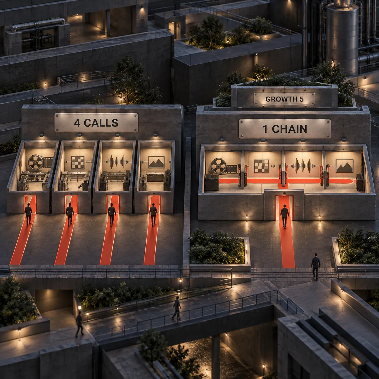 Confronto architetturale tra quattro chiamate RenderIO separate e una richiesta concatenata in quattro passaggi