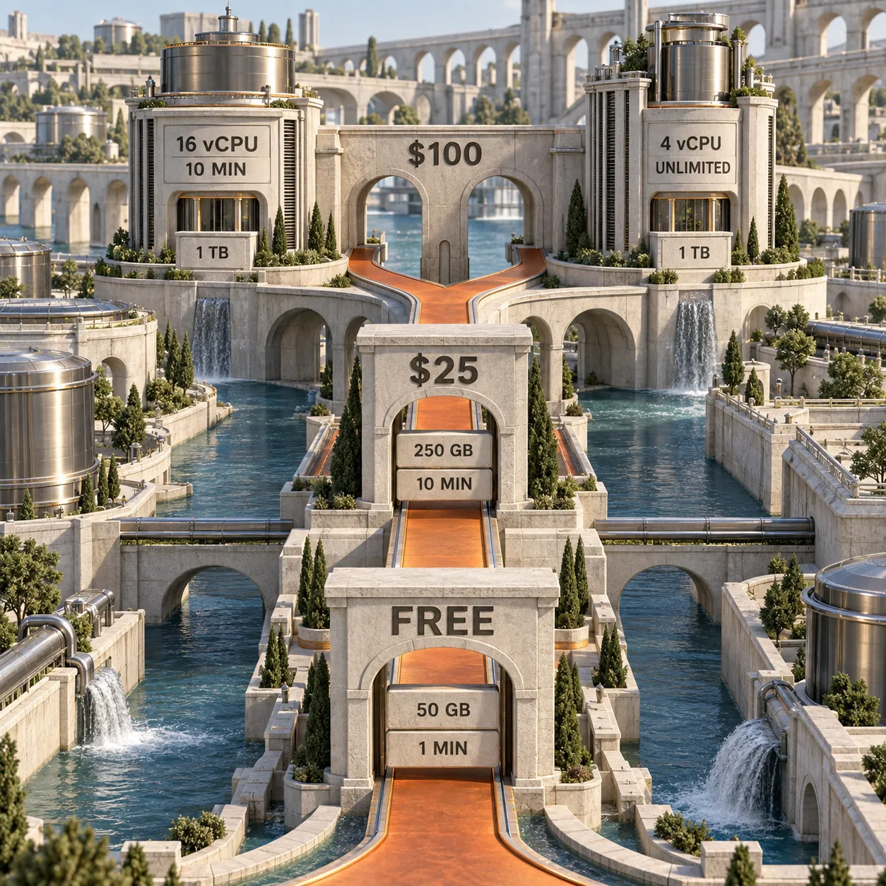 Architectural decision route from Rendi Free to $25 Pro and the two $100 compute or runtime options