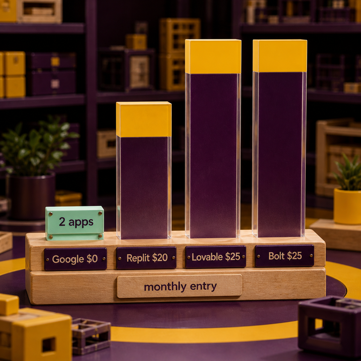 Column comparison of Google AI Studio at zero dollars, Replit at twenty dollars, Lovable at twenty-five dollars, and Bolt at twenty-five dollars