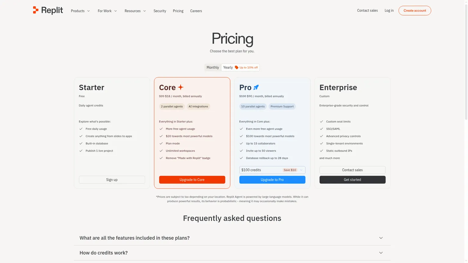 Page des tarifs Replit présentant les offres Starter, Core, Pro et Enterprise