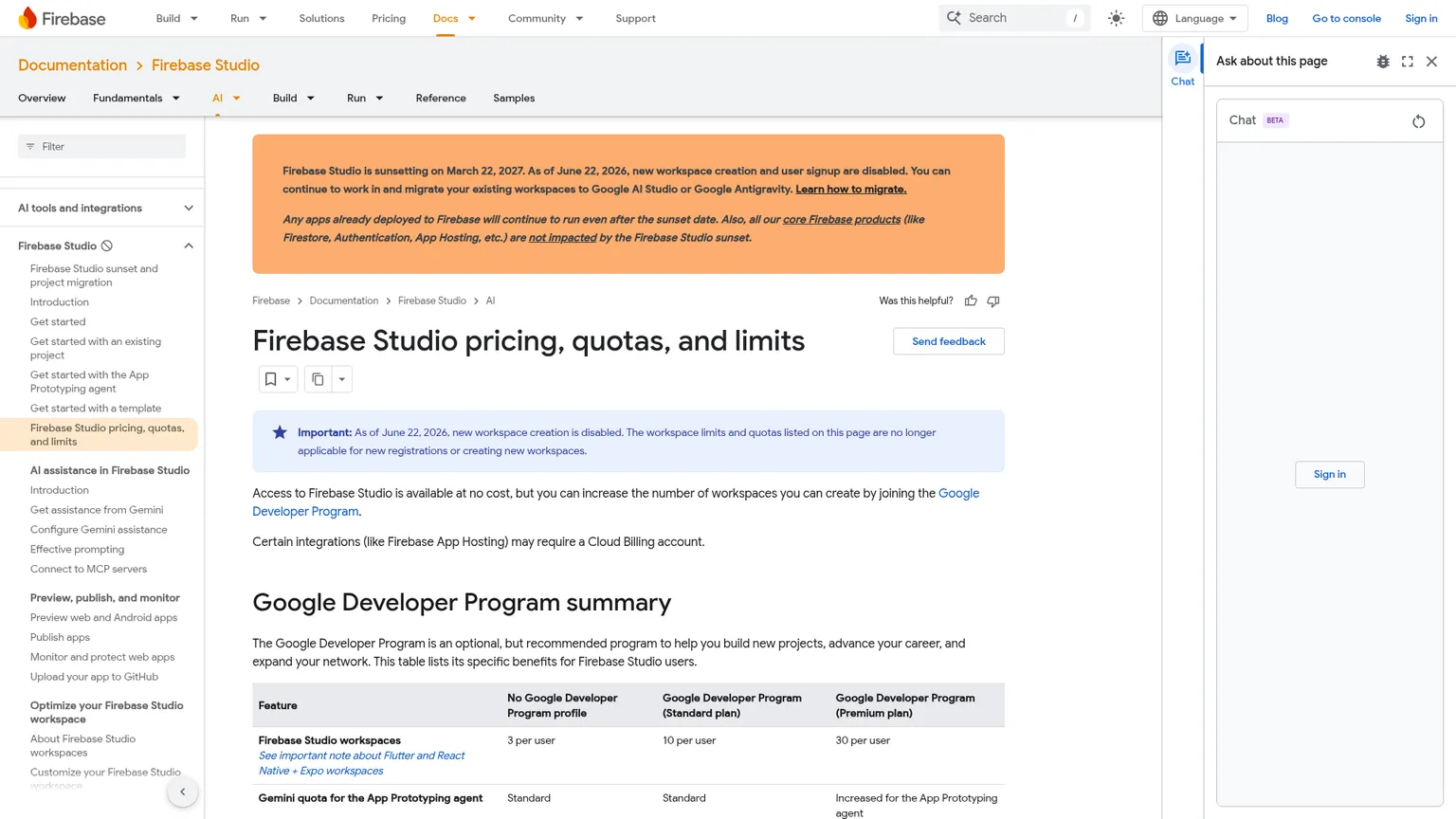 Documentation Firebase Studio indiquant la fermeture des inscriptions et la date de fin du service