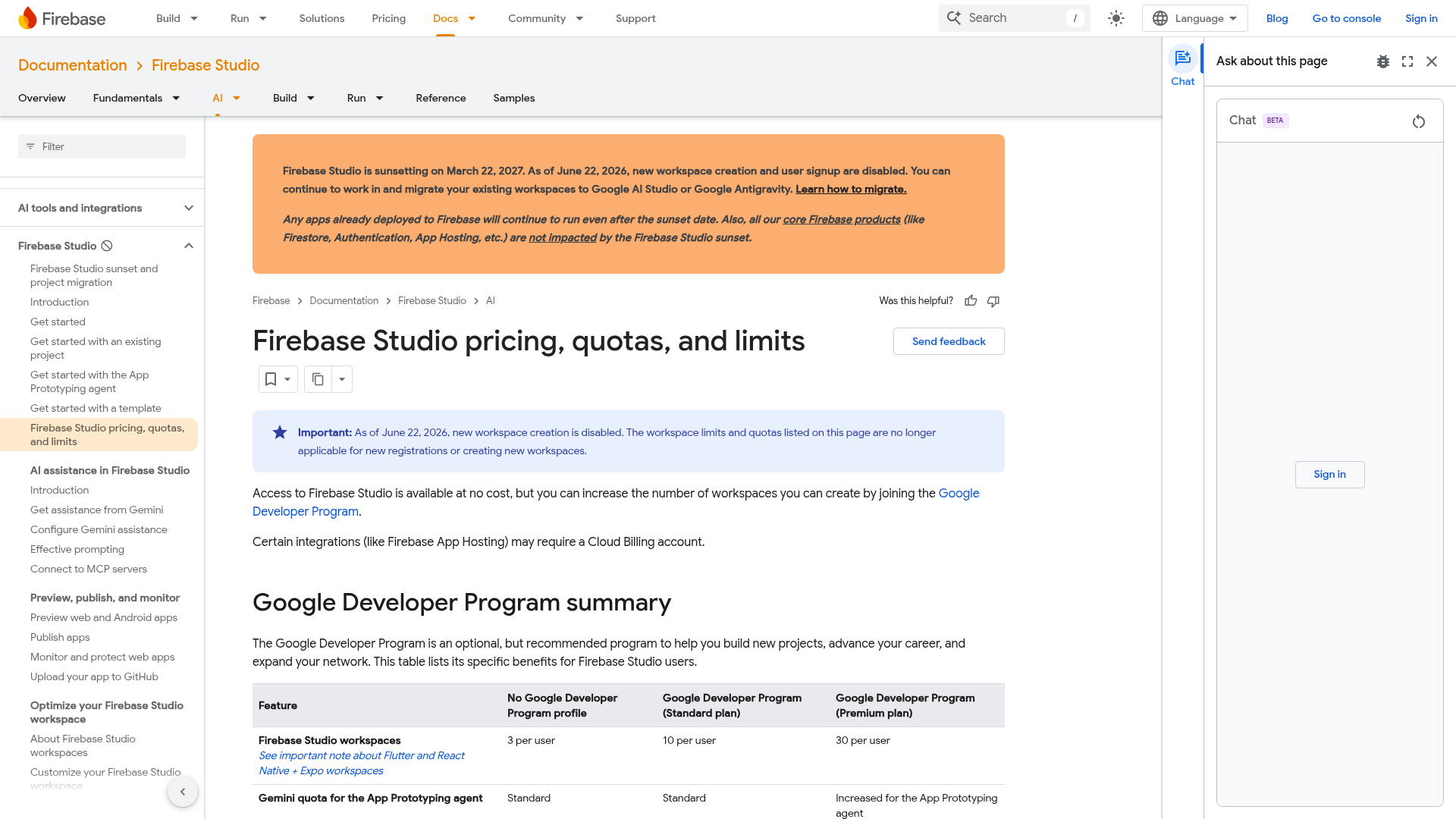 Firebase Studio documentation showing the signup closure and sunset notice