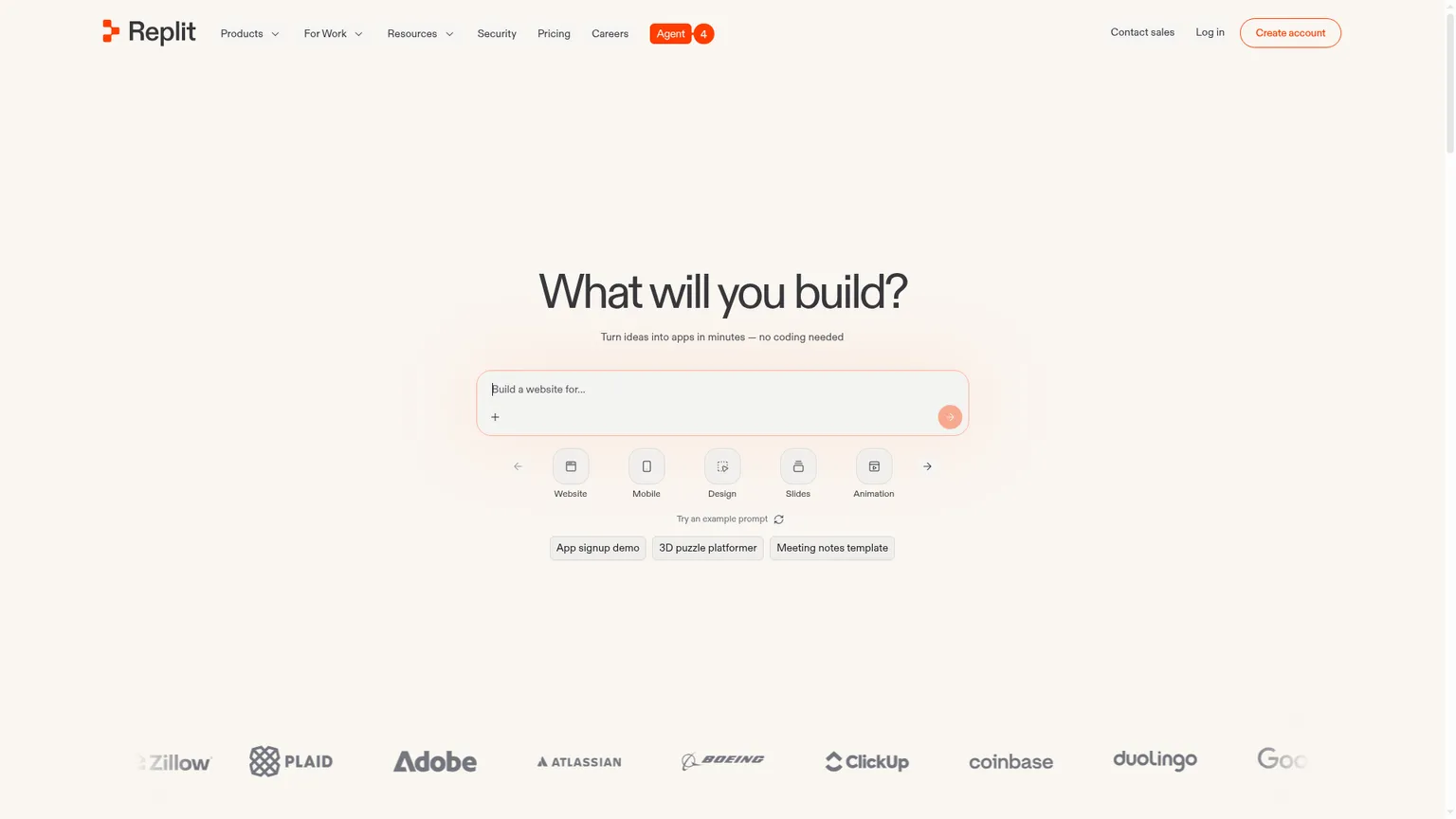 Replit homepage showing the Agent 4 app builder