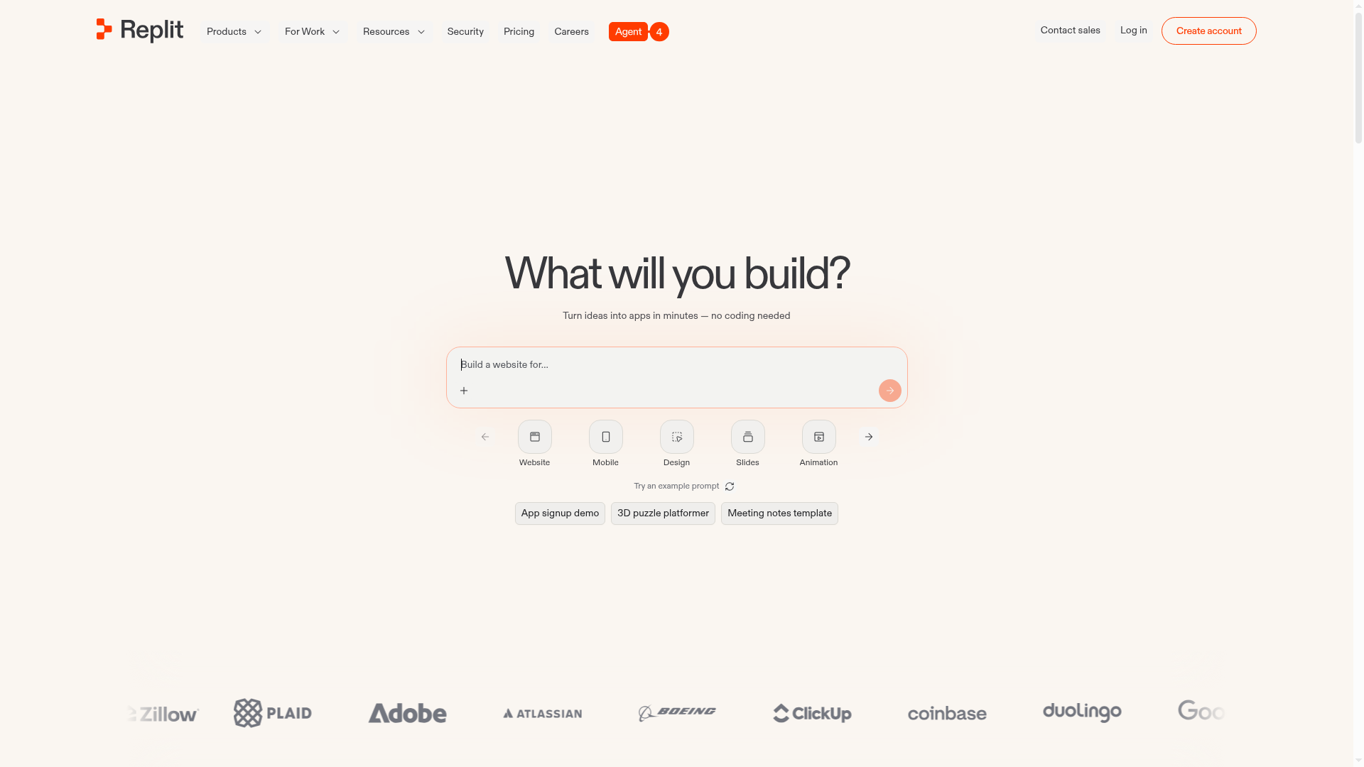 Replit homepage showing the Agent 4 app builder