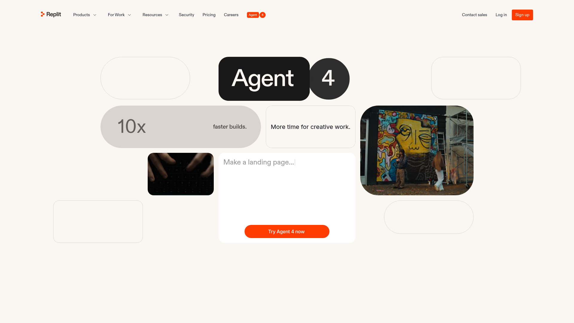 Replit Agent 4 page showing parallel agents and task workflows