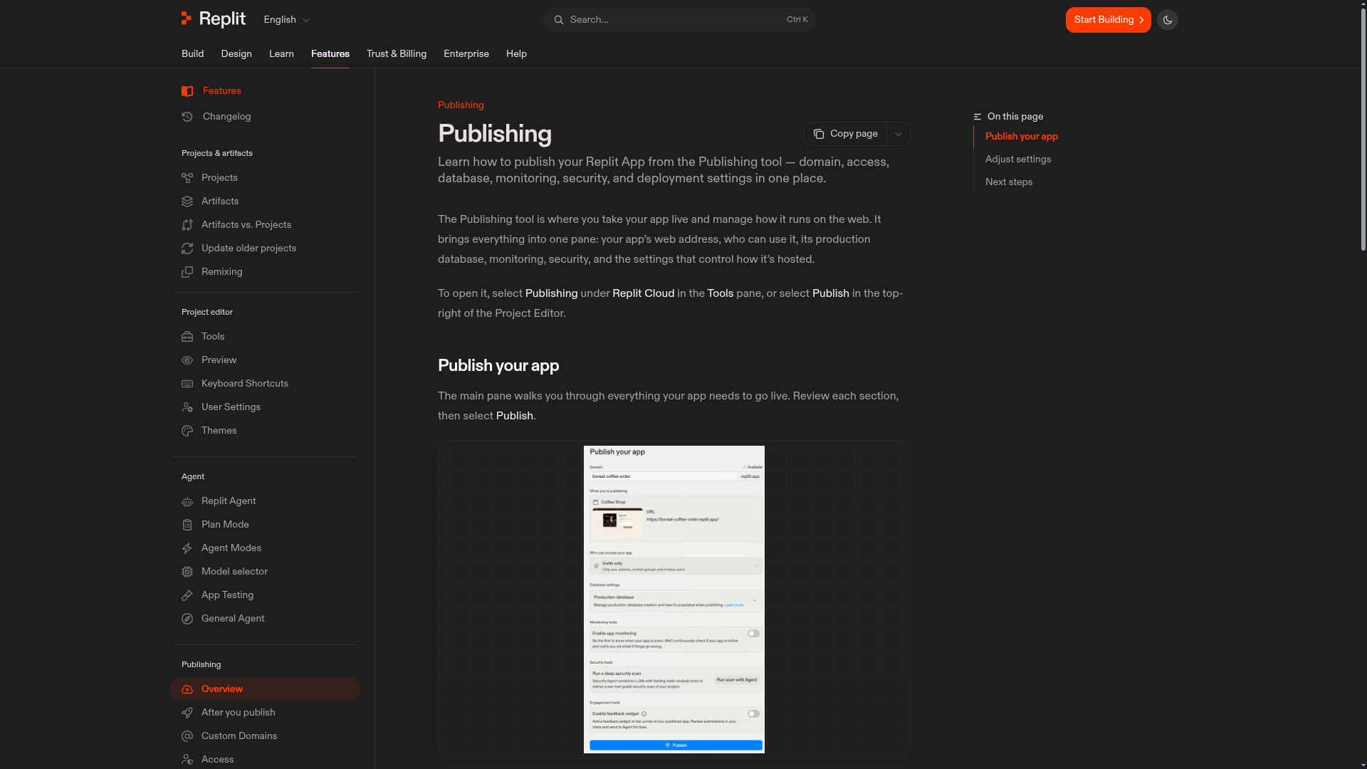 Replit Publishing pane with domain access database monitoring and security settings