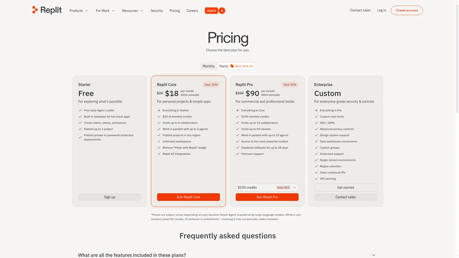 Replit live pricing page with Starter Core Pro and Enterprise tiers