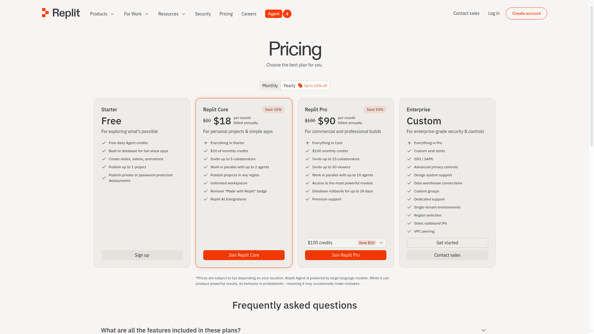 Replit live pricing page with Starter Core Pro and Enterprise tiers