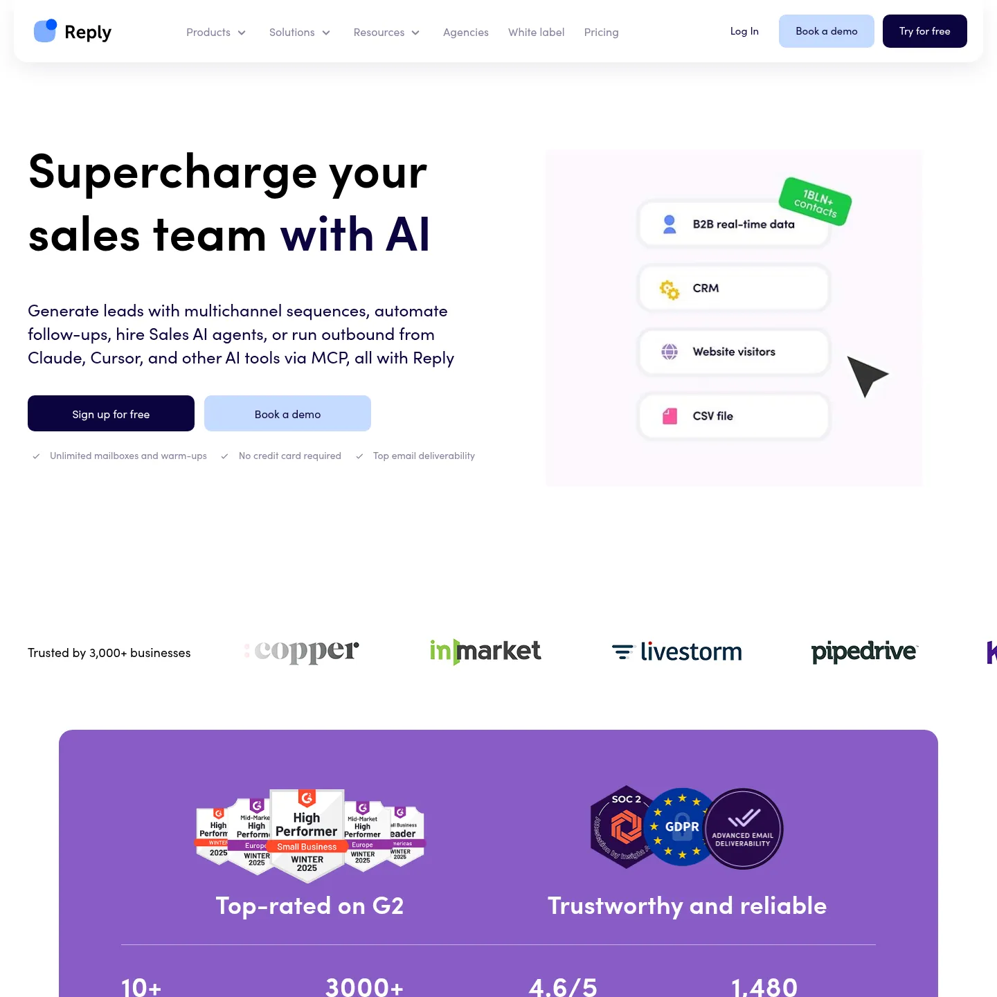 영업 아웃리치와 Jason AI SDR을 소개하는 Reply.io 홈페이지