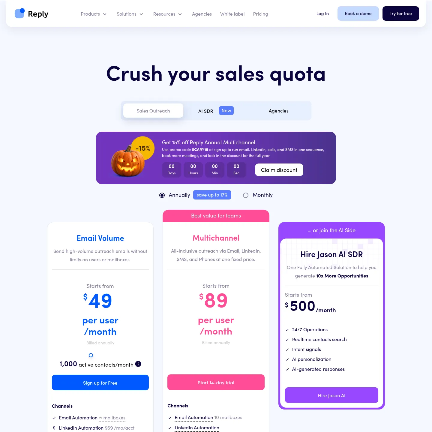Email Volume, Multichannel, Jason AI SDR 요금제를 보여 주는 Reply.io 가격 페이지