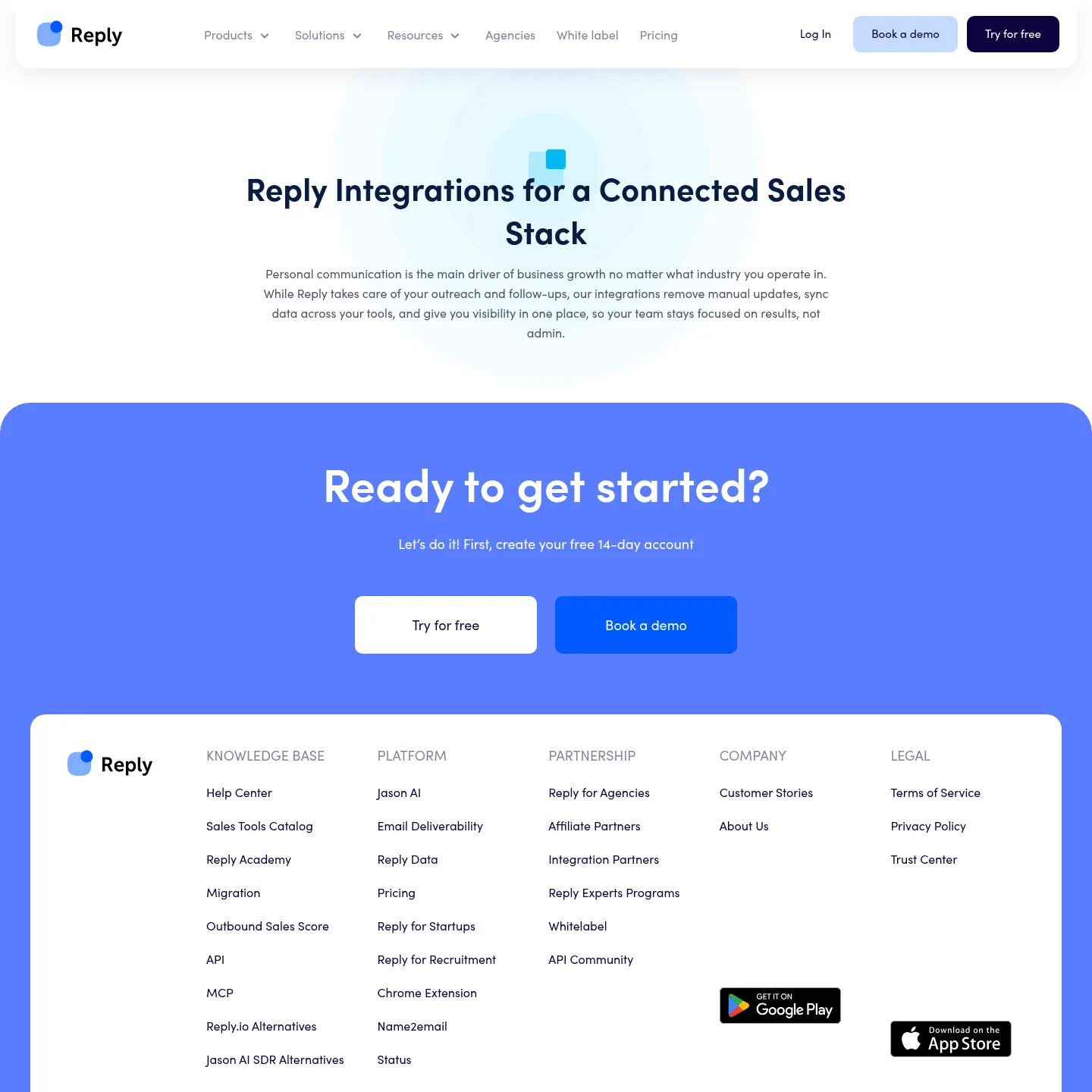 영업 및 비즈니스 툴 연결을 안내하는 Reply.io 연동 페이지