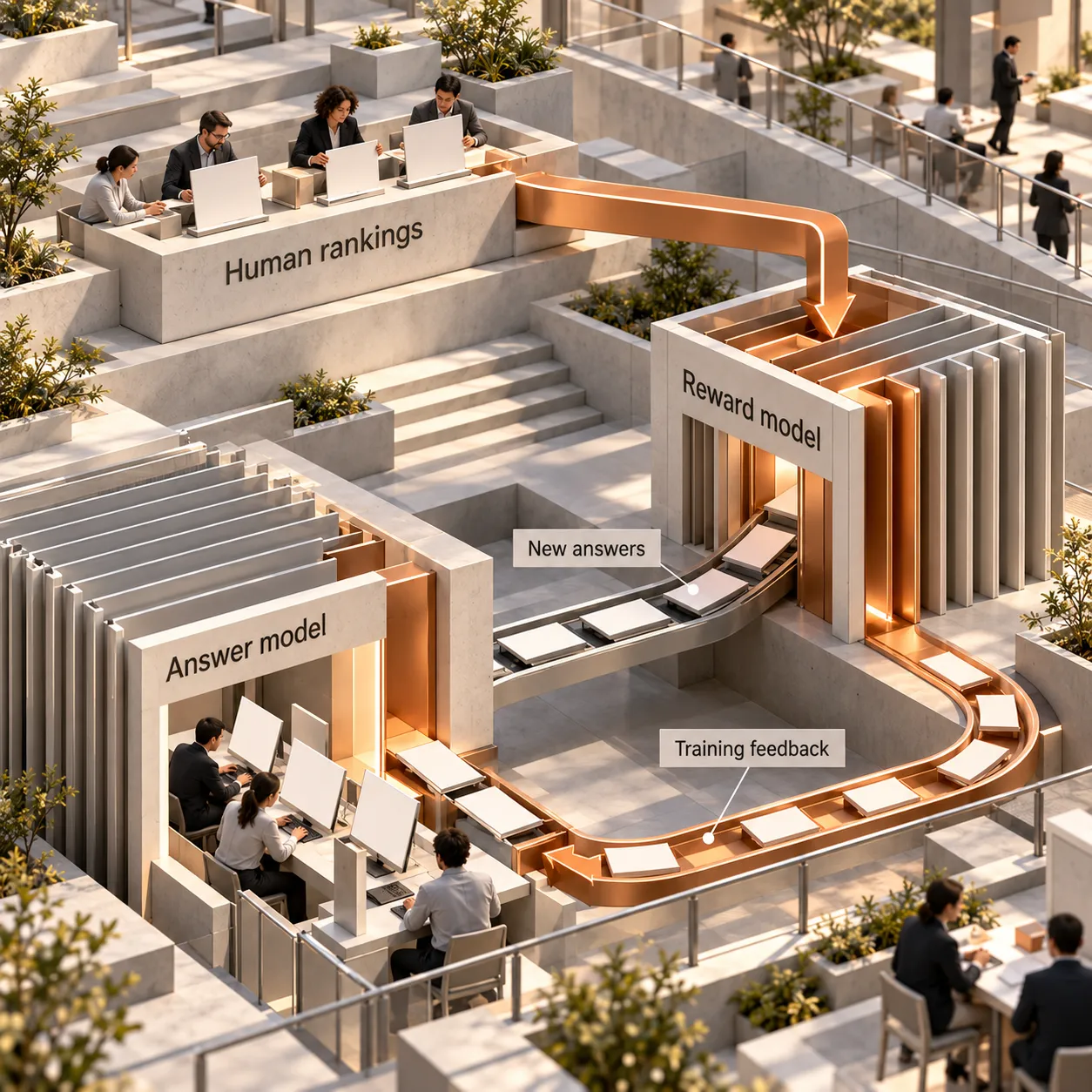 مقطع معماري يوضح كيف تدرّب ترتيبات البشر نموذج مكافأة، يقيّم بدوره إجابات جديدة ويقدم تغذية راجعة لتحديث النموذج المجيب.