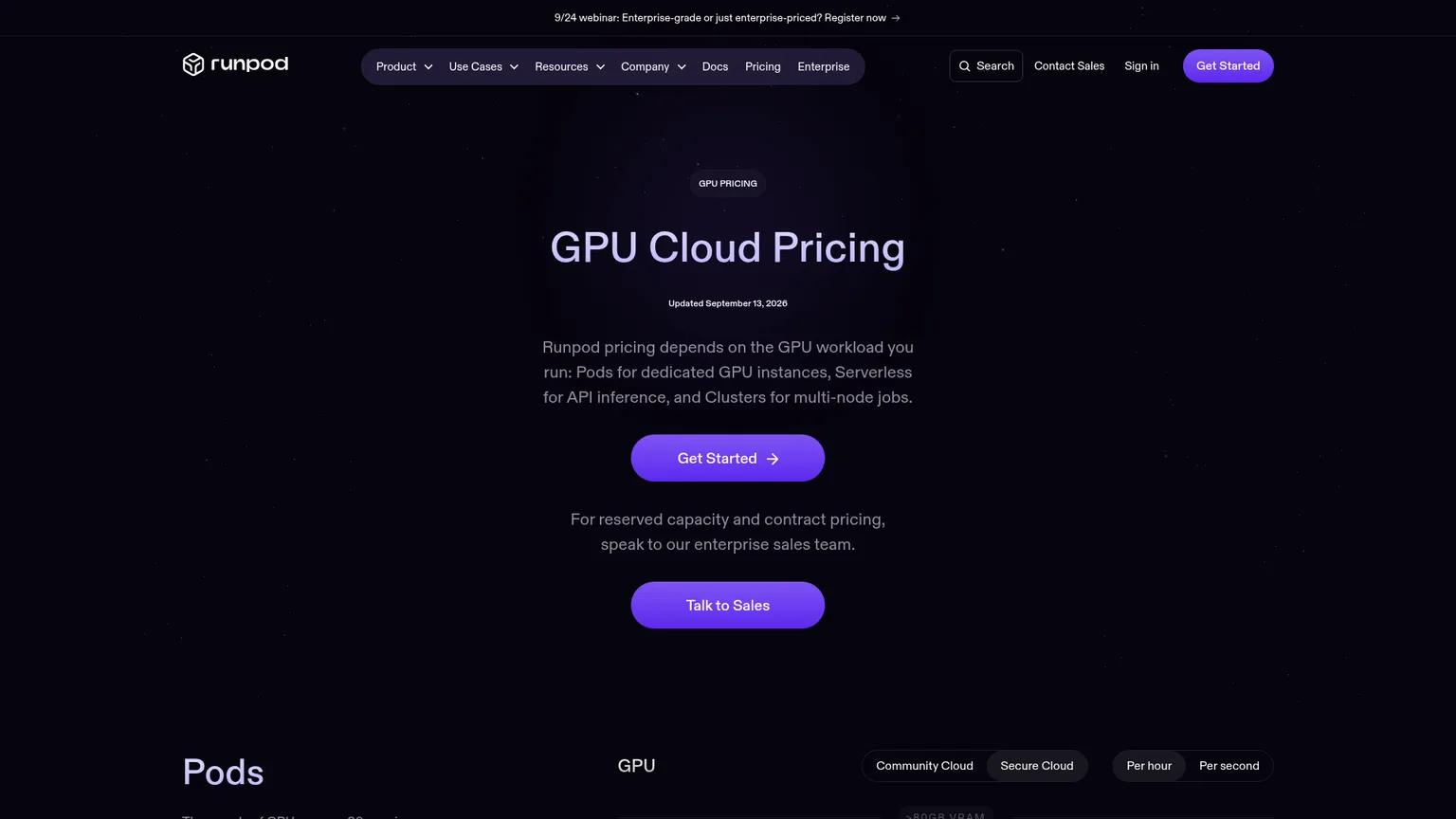 Pod, Serverless, Clusters, ์คํ ๋ฆฌ์ง๋ฅผ ๋ณด์ฌ ์ฃผ๋ Runpod ๊ฐ๊ฒฉ ํ์ด์ง