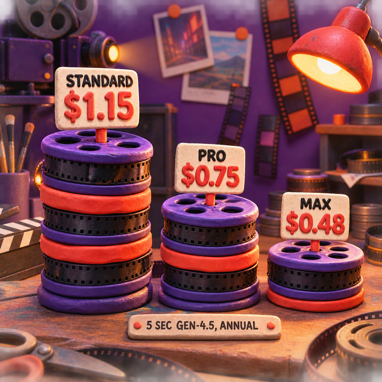 Clay film reels comparing annual Runway cost per five-second Gen-4.5 clip